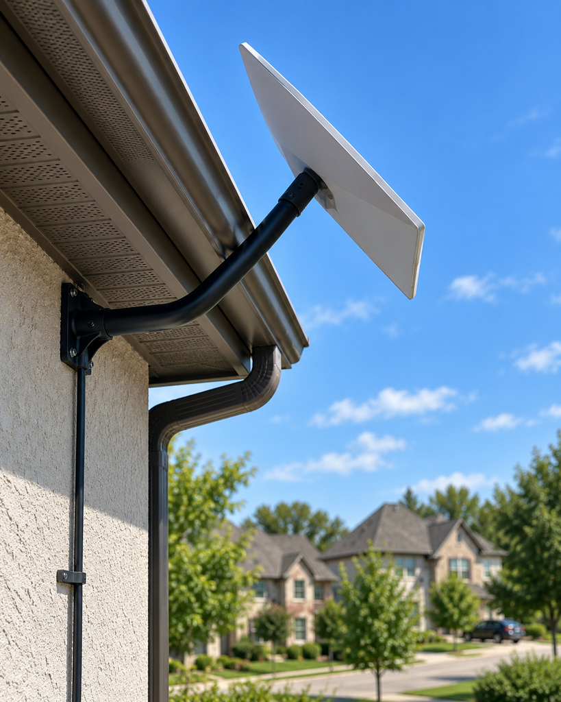 Starlink dish on a gooseneck wall mount under the eave of a home in Sherman, TX