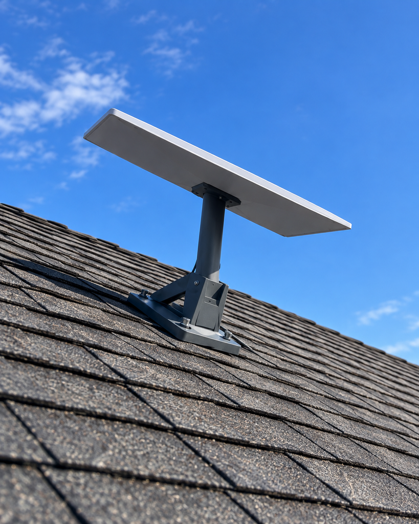 Starlink dish mounted on a composition shingle roof in Grayson County, TX