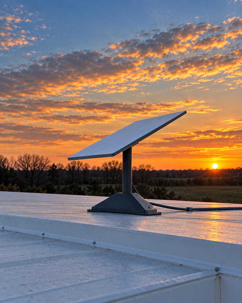 Starlink dish mounted on a metal roof at sunset on a rural property near Sherman, TX