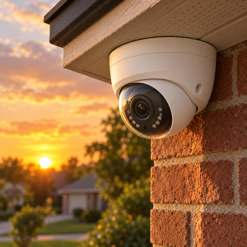 Dome security camera mounted on a brick exterior wall at a home near Sherman, TX