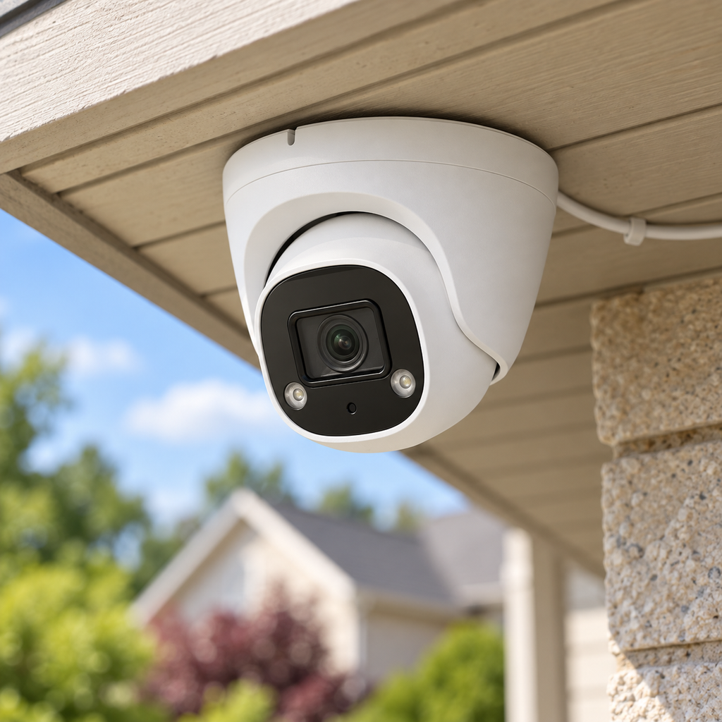 Hardwired dome security camera mounted under an eave in Grayson County, TX